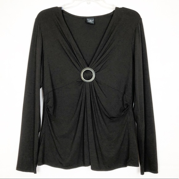 Tribal Tops - TRIBAL I Long Sleeve Pleated Brown V-Neck Top